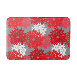 Modern Floral Kimono Print, Coral Red and Grey Bath Mat