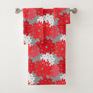 Modern Floral Kimono Print, Coral Red and Grey Bath Towel Set