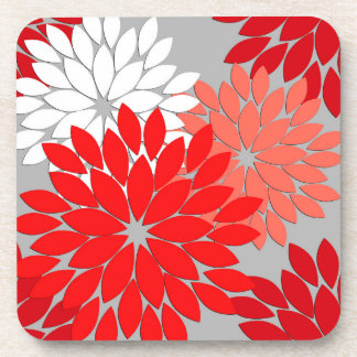 Modern Floral Kimono Print, Coral Red and Grey  Coaster