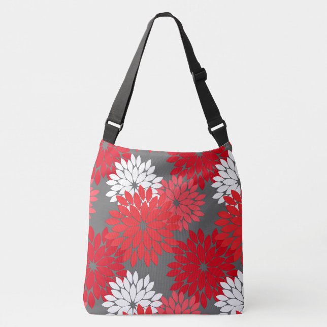 Modern Floral Kimono Print, Coral Red and Grey Crossbody Bag (Front)