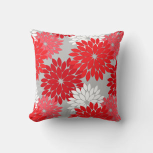 Modern Floral Kimono Print, Coral Red and Grey Throw Pillow