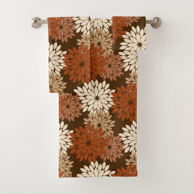Modern Floral Kimono Print, Dark Brown and Tan Bath Towel Set (Insitu)