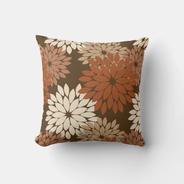 Modern Floral Kimono Print, Dark Brown and Tan Outdoor Pillow (Front)