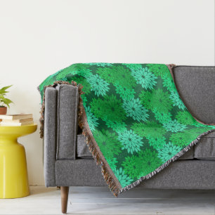Modern Floral Kimono Print, Emerald and Jade Green Throw Blanket