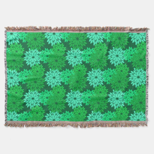 Modern Floral Kimono Print, Emerald and Jade Green Throw Blanket (Front)