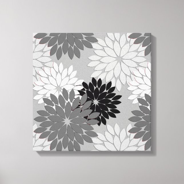 Modern Floral Kimono Print, Grey, Black and White Canvas Print (Front)
