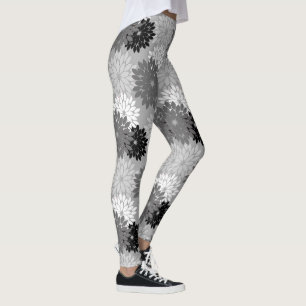 Modern Floral Kimono Print, Grey, Black and White Leggings