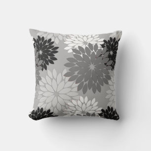 Modern Floral Kimono Print, Grey, Black and White Throw Pillow