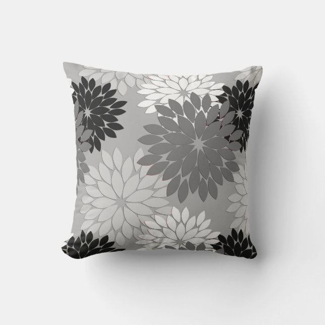 Modern Floral Kimono Print, Grey, Black and White Throw Pillow (Front)