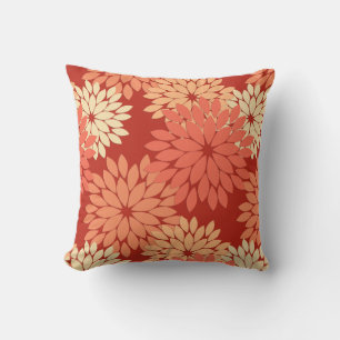 Modern Floral Kimono Print, Mandarin Orange Outdoor Pillow
