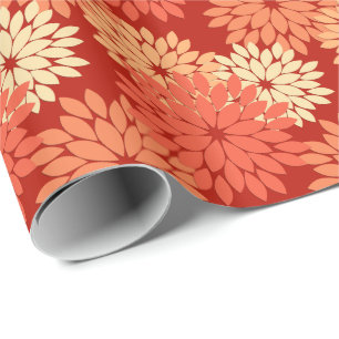 Modern Floral Kimono Print, Mandarin Orange Wrapping Paper