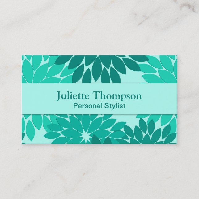 Modern Floral Kimono Print, Turquoise, Teal & Aqua Business Card (Front)