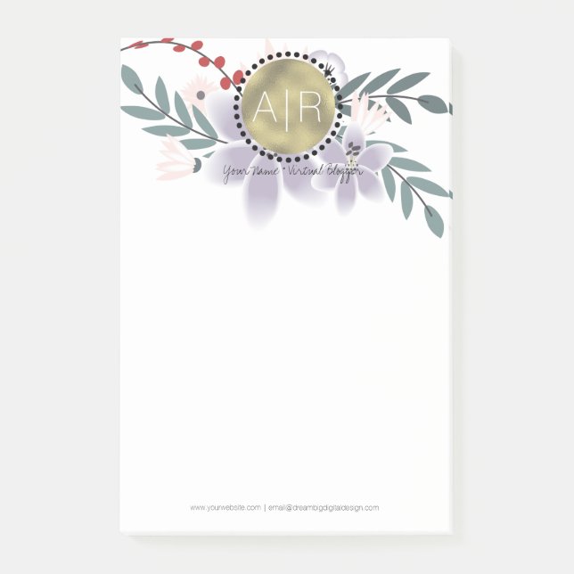 Modern Floral Lillies Simulated Foil Monogram Post-it Notes (Front)