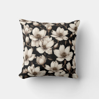 Modern Floral Magnolia Flowers on Black Throw Pillow