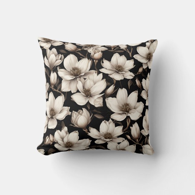 Modern Floral Magnolia Flowers on Black Throw Pillow (Front)