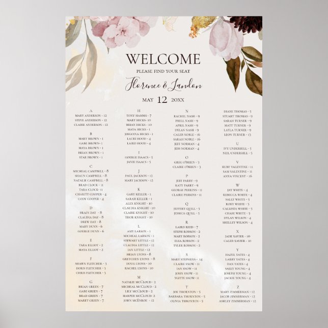 Modern Floral | Marble Alphabetical Seating Chart (Front)