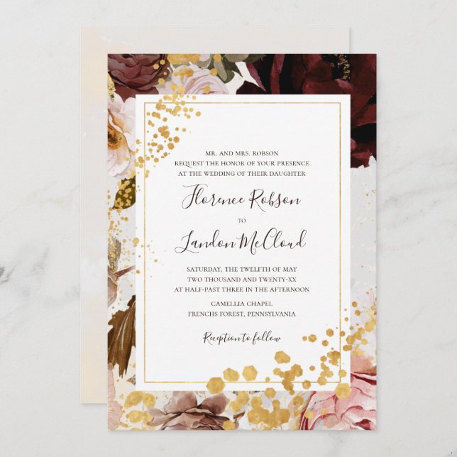 Modern Floral Marble Traditional Frame Wedding Invitation (Front/Back)