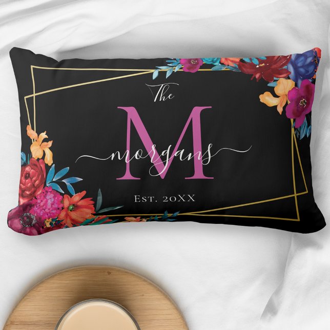 Modern Floral Monogram Black Wedding Lumbar Pillow (Creator Uploaded)
