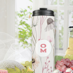 Modern Floral Monogram Light Pink Green Thermal Tumbler