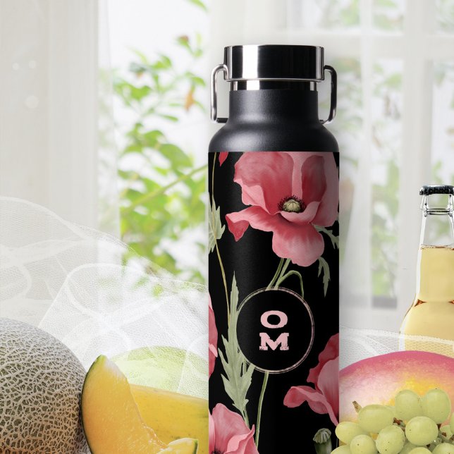 Modern Floral Monogram Pink Black Large Poppy Water Bottle (Pink Poppy Black Monogram Water Bottle ©Susanne Sachers - Sunny Mind 🌞)