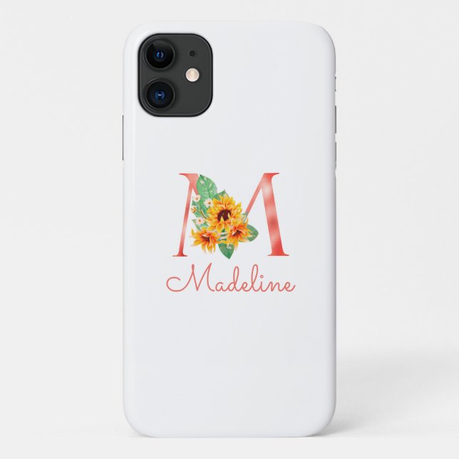 Modern Floral Monogram Sunflower Name M Case-Mate iPhone Case (Back)