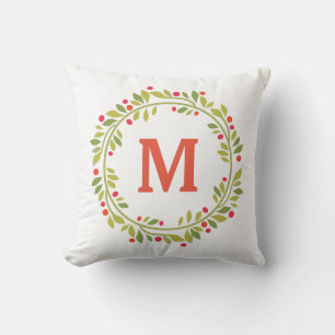 Modern Floral Monogram Wreath Throw Pillow
