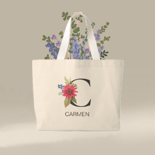 Modern Floral Monogrammed Letter C Large Tote Bag