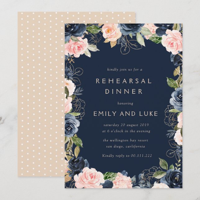 Modern floral navy and blush rehearsal dinner invitation (Front/Back)