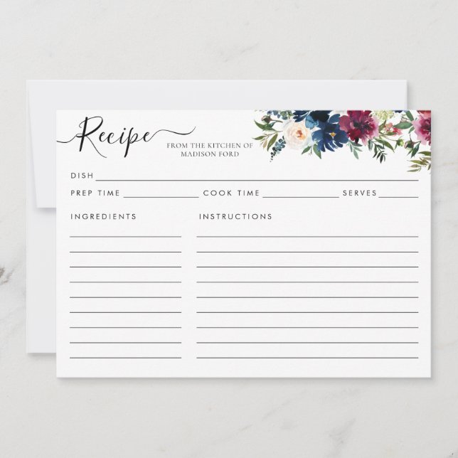 Modern Floral Navy Blue Burgundy Red Recipe Card (Front)