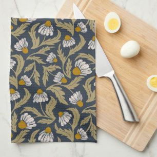 Modern Floral Navy Blue Coneflower Daisy Botanical Kitchen Towel