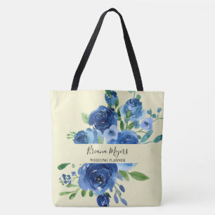 Modern Floral Navy Blue Yellow Business Tote Bag