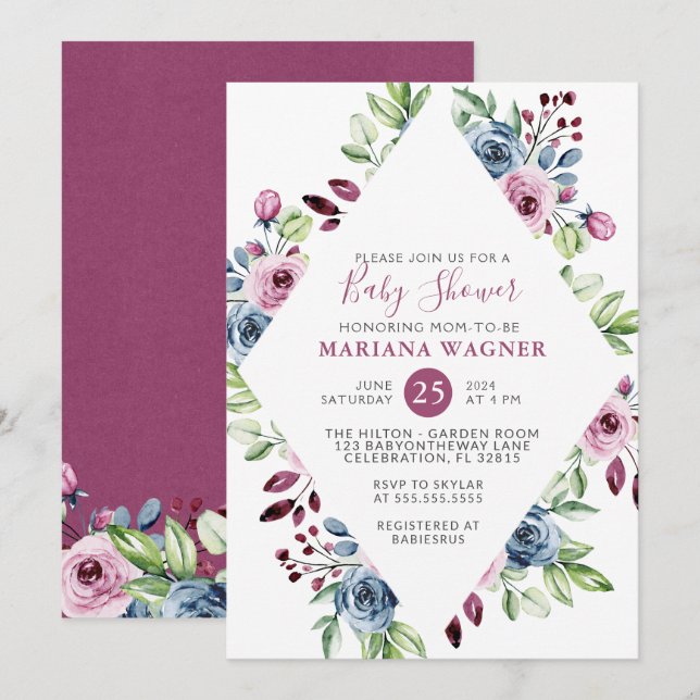 Modern Floral Navy Burgundy Baby Shower Invitation (Front/Back)