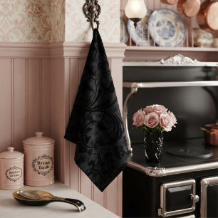 Modern Floral Noir Black Velvet Kitchen Towel