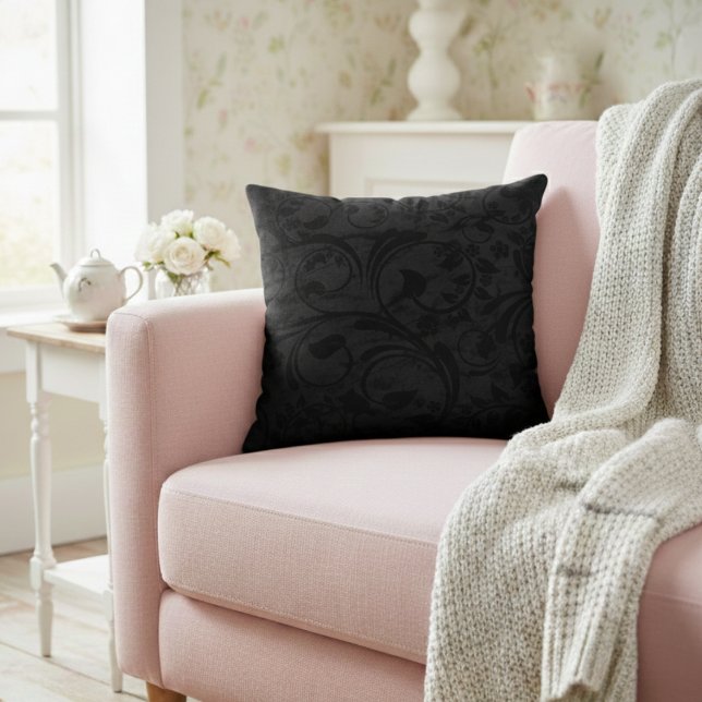 Modern Floral Noir Black Velvet Throw Pillow (Creator Uploaded)