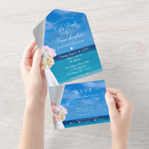 Modern Floral Ocean Beach Summer Wedding All In One Invitation