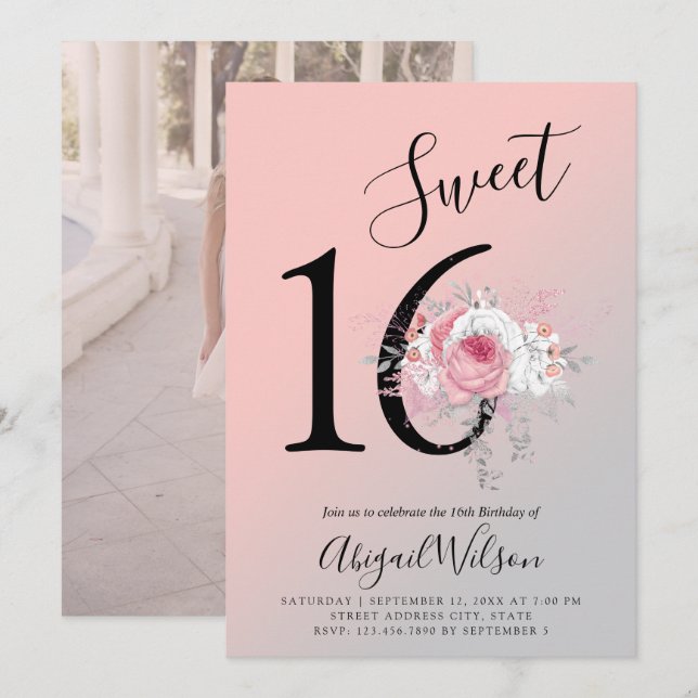 Modern floral ombre sweet sixteen birthday party invitation (Front/Back)