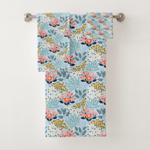 Modern Floral on Blue Bath Towel Set