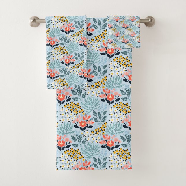 Modern Floral on Blue Bath Towel Set (Insitu)