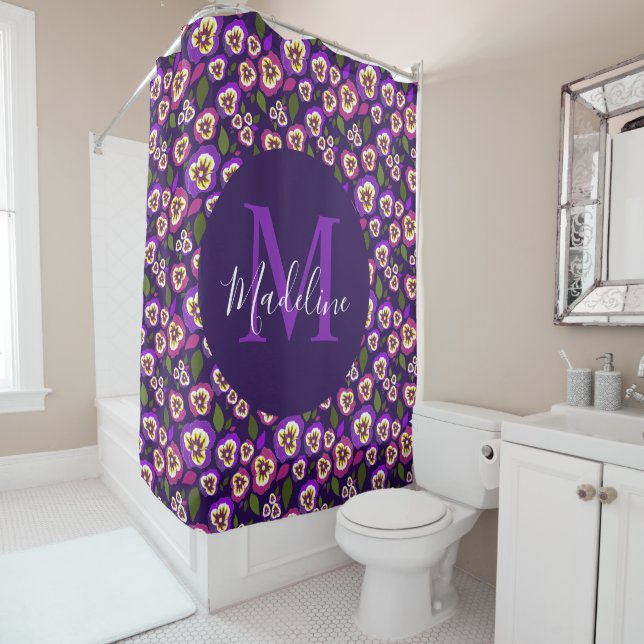 Modern Floral Pansies Pattern Purple Monogram (In Situ)