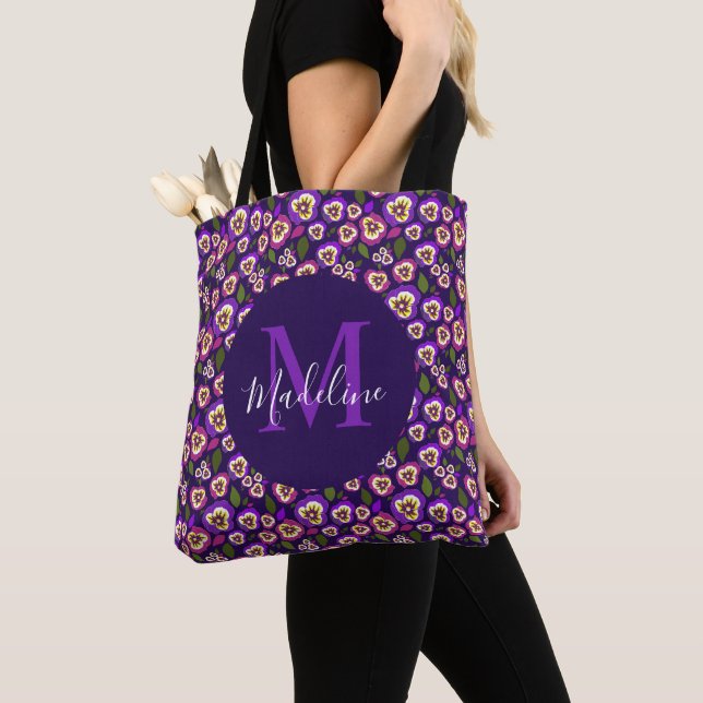 Modern Floral Pansies Pattern Purple Monogram Tote Bag (Close Up)