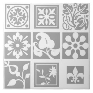 Modern, floral patchwork, white, light grey tile