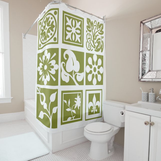Modern, floral patchwork, white, olive green (In Situ)
