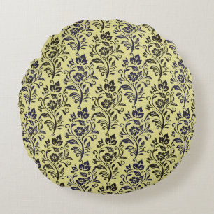 Modern Floral Pattern Blue Black On Chartreuse Round Pillow