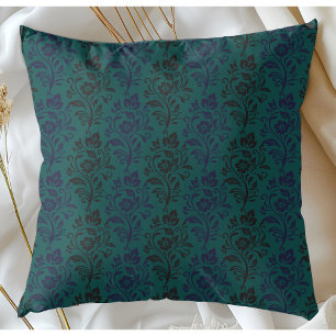 Modern Floral Pattern Blue Black On Teal Throw Pillow