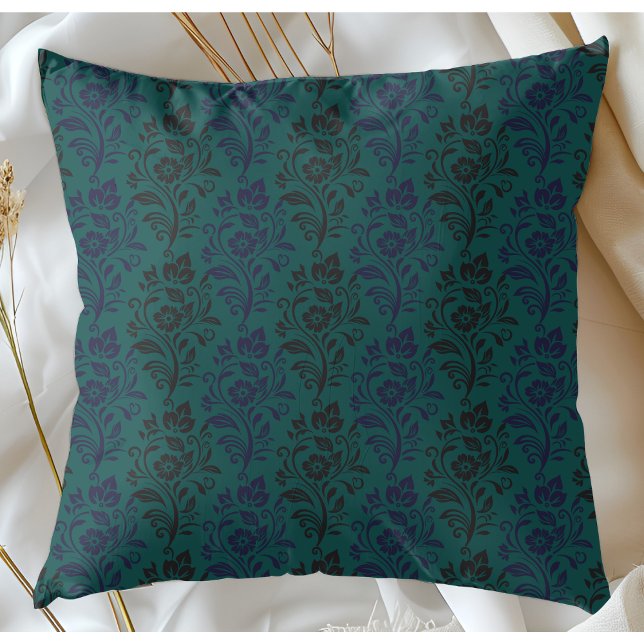 Modern Floral Pattern Blue Black On Teal Throw Pillow (Creator Uploaded)