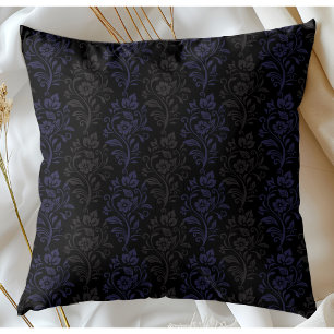Modern Floral Pattern Blue Grey On Black Throw Pillow