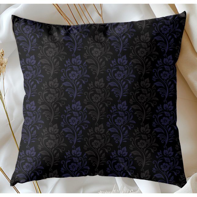 Modern Floral Pattern Blue Grey On Black Throw Pillow (Creator Uploaded)