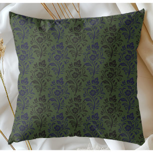 Modern Floral Pattern Blue Grey On Green Throw Pillow