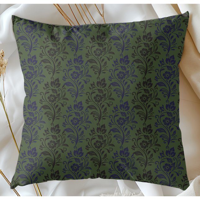 Modern Floral Pattern Blue Grey On Green Throw Pillow (Creator Uploaded)