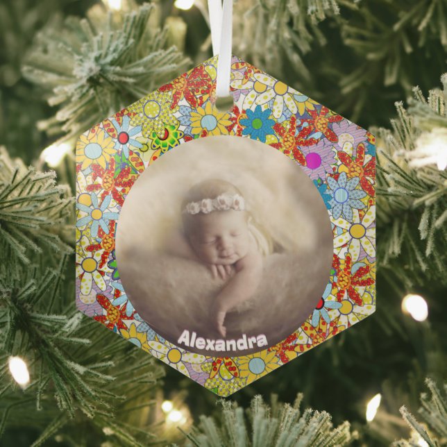 Modern Floral Pattern Bright Colours Glass Ornament (Insitu)